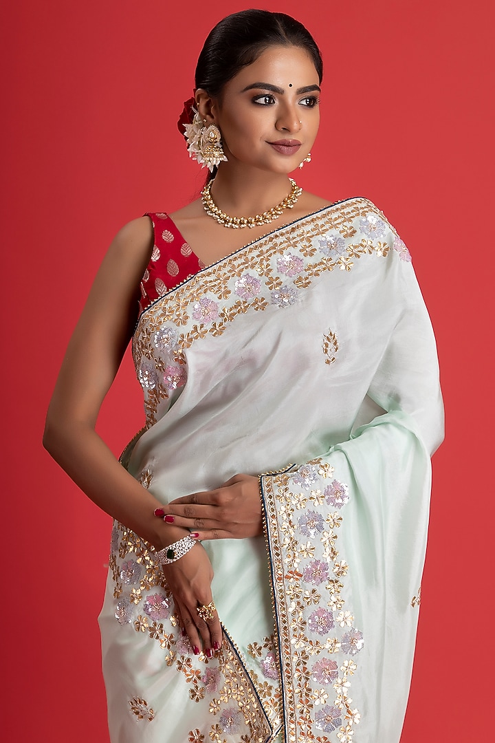 Powder Green Pure Upada Silk Embroidered Party Wear Saree Set by Albis Jaipur at Pernia's Pop Up Shop