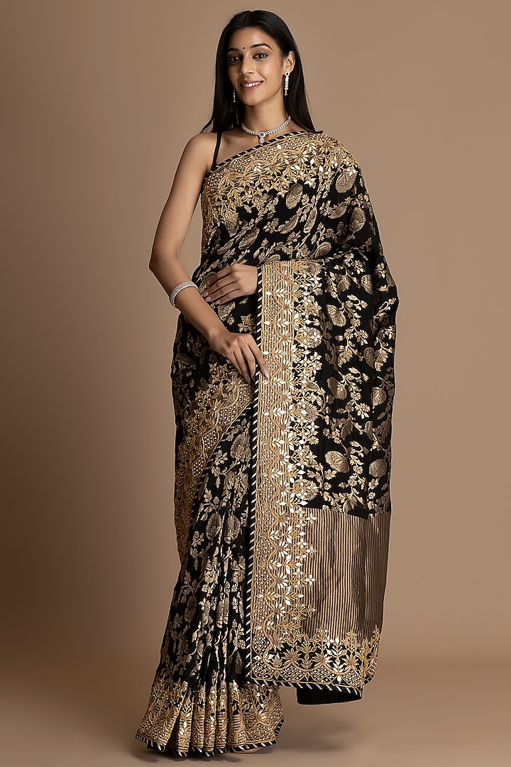 Black Pure Khaddi Georgette Embellished Banarasi Saree Set by Albis Jaipur