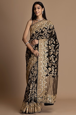 Black Pure Khaddi Georgette Embellished Banarasi Saree Set by Albis Jaipur