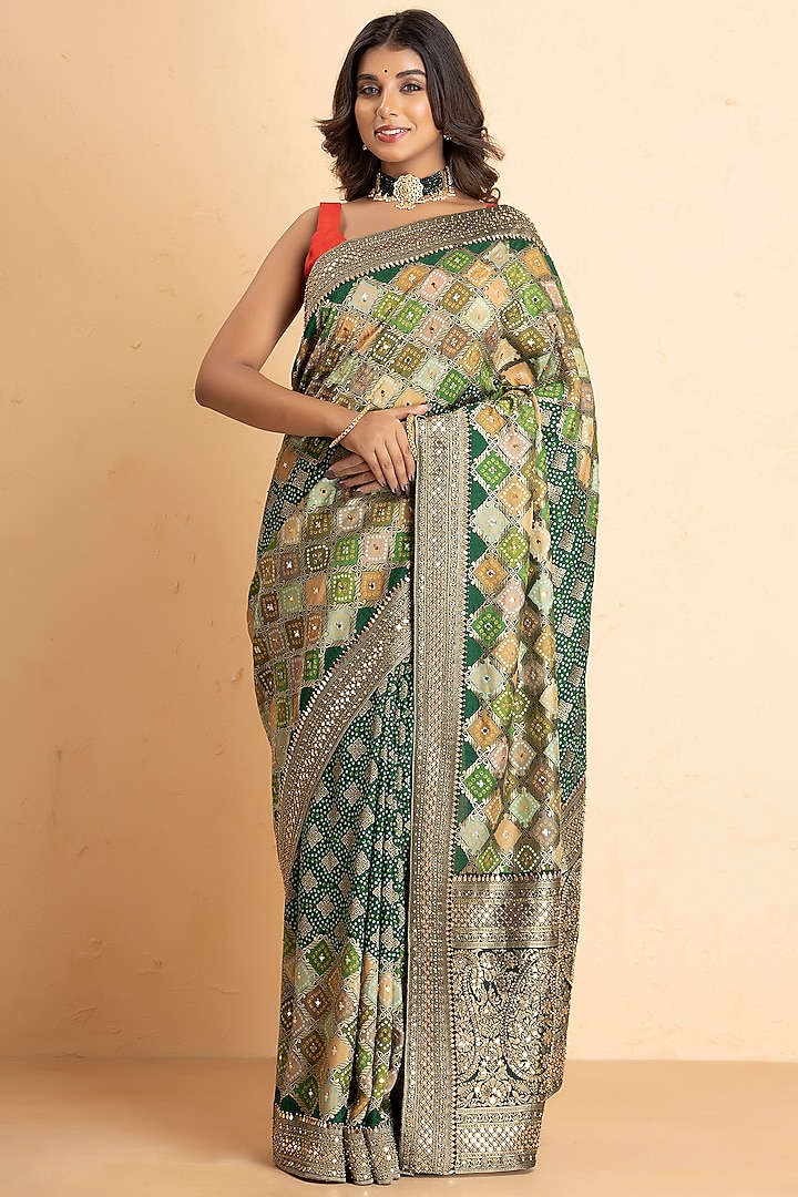 Green Munga Silk Bandhani Saree Set by Albis Jaipur