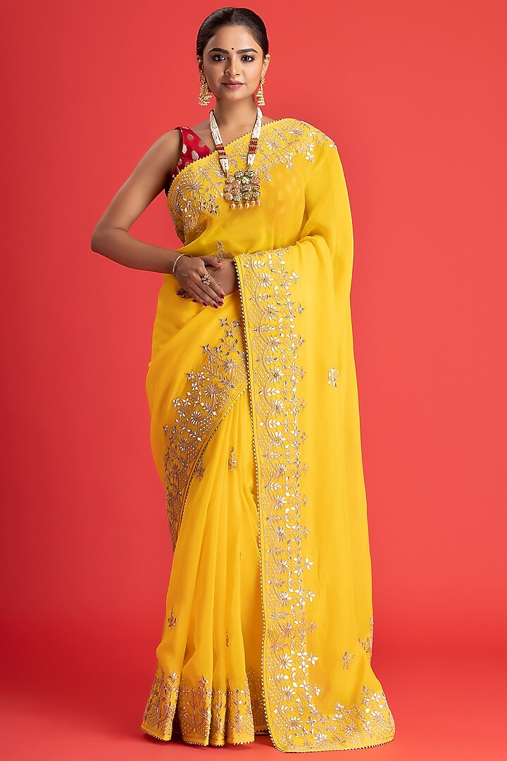 Turmeric Yellow Pure Organza Embroidered Party Wear Saree by Albis Jaipur at Pernia's Pop Up Shop