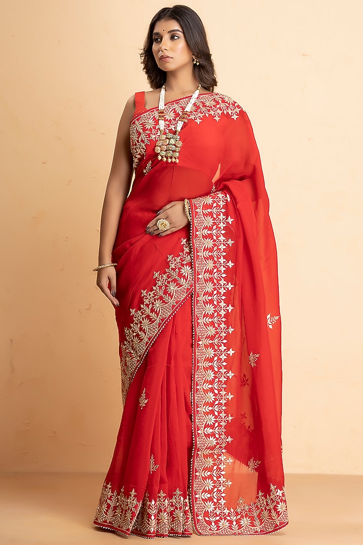 Crimson Red Pure Organza Embroidered Party Wear Saree by Albis Jaipur at Pernia's Pop Up Shop