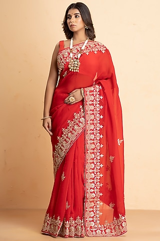 Crimson Red Pure Organza Embroidered Saree by Albis Jaipur
