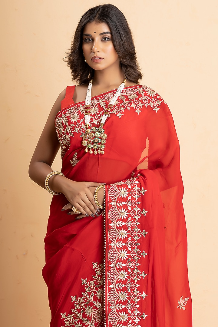 Crimson Red Pure Organza Embroidered Party Wear Saree by Albis Jaipur at Pernia's Pop Up Shop