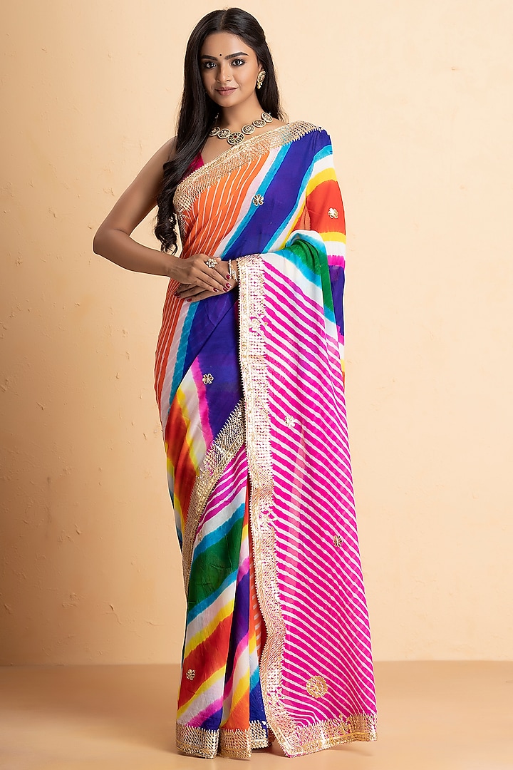Multi-Coloured Pure Chinon Embroidered Leheriya Saree by Albis Jaipur