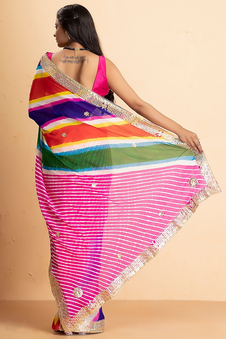Multi-Coloured Pure Chinon Embroidered Leheriya Party Wear Saree by Albis Jaipur at Pernia's Pop Up Shop