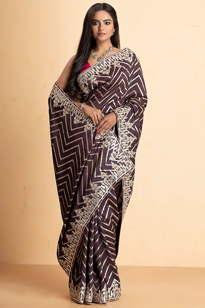 Deep Brown Pure Munga Silk Embellished Saree by Albis Jaipur