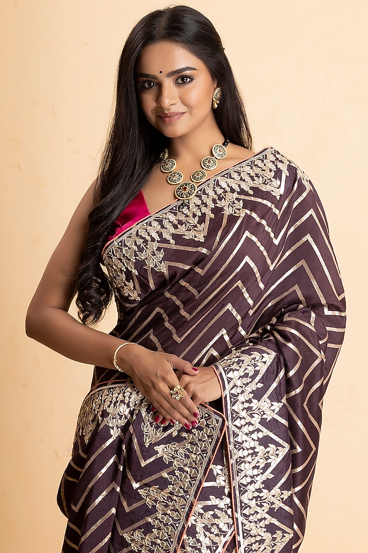 Deep Brown Pure Munga Silk Embellished Party Wear Saree by Albis Jaipur at Pernia's Pop Up Shop