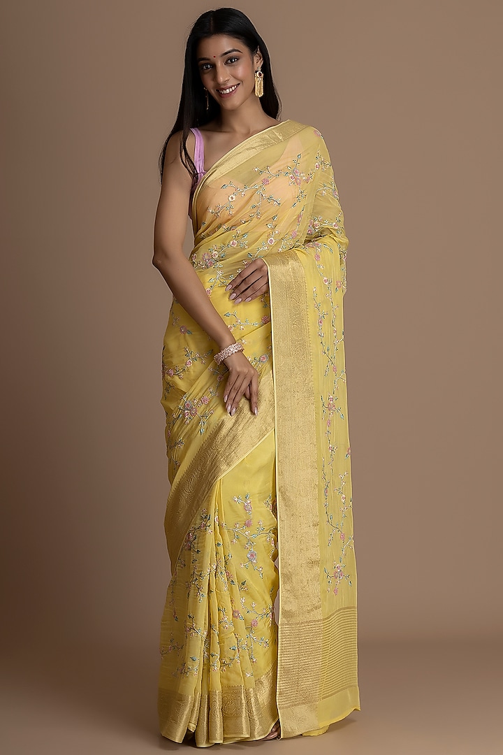 Light Yellow Soft Organza & Banarasi Silk Embroidered Saree by Albis Jaipur
