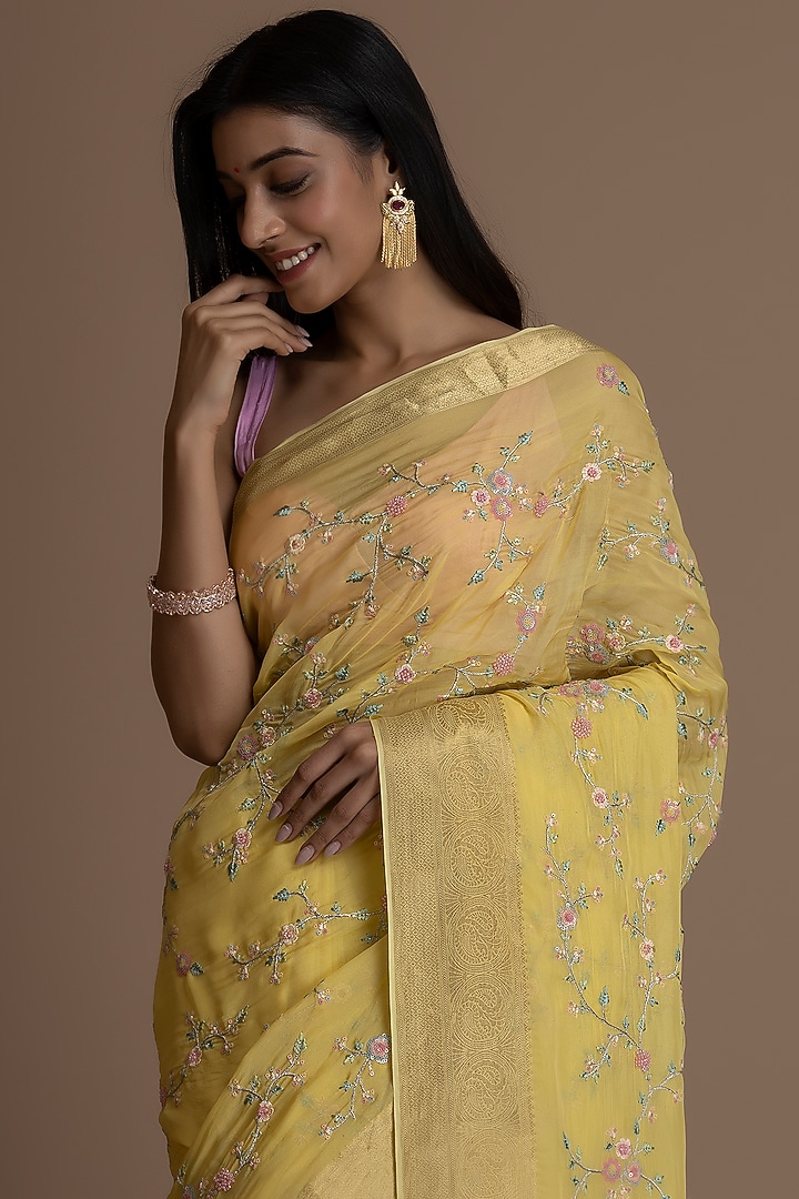 Light Yellow Soft Organza & Banarasi Silk Embroidered Festive Saree by Albis Jaipur at Pernia's Pop Up Shop