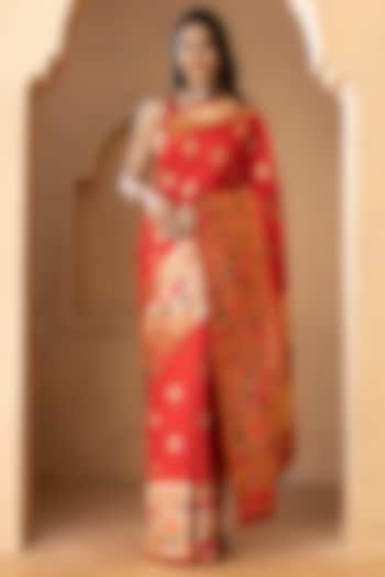 Deep Red Pure Katan Silk Embroidered Festive Saree by Albis Jaipur at Pernia's Pop Up Shop