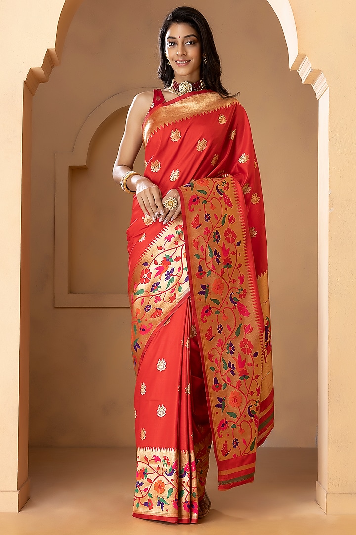 Deep Red Pure Katan Silk Embroidered Festive Saree by Albis Jaipur at Pernia's Pop Up Shop