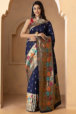 Blue Pure Katan Silk Embroidered Saree by Albis Jaipur