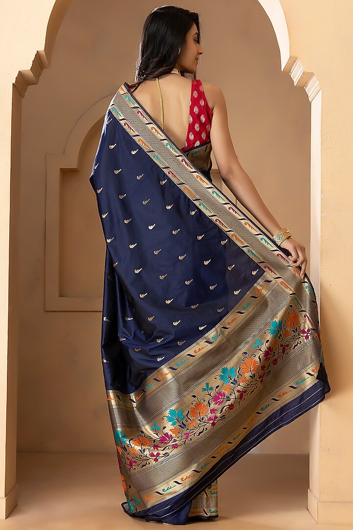 Blue Pure Katan Silk Embroidered Festive Saree by Albis Jaipur at Pernia's Pop Up Shop