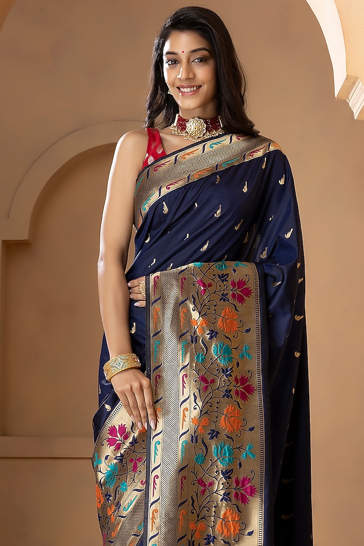 Blue Pure Katan Silk Embroidered Festive Saree by Albis Jaipur at Pernia's Pop Up Shop