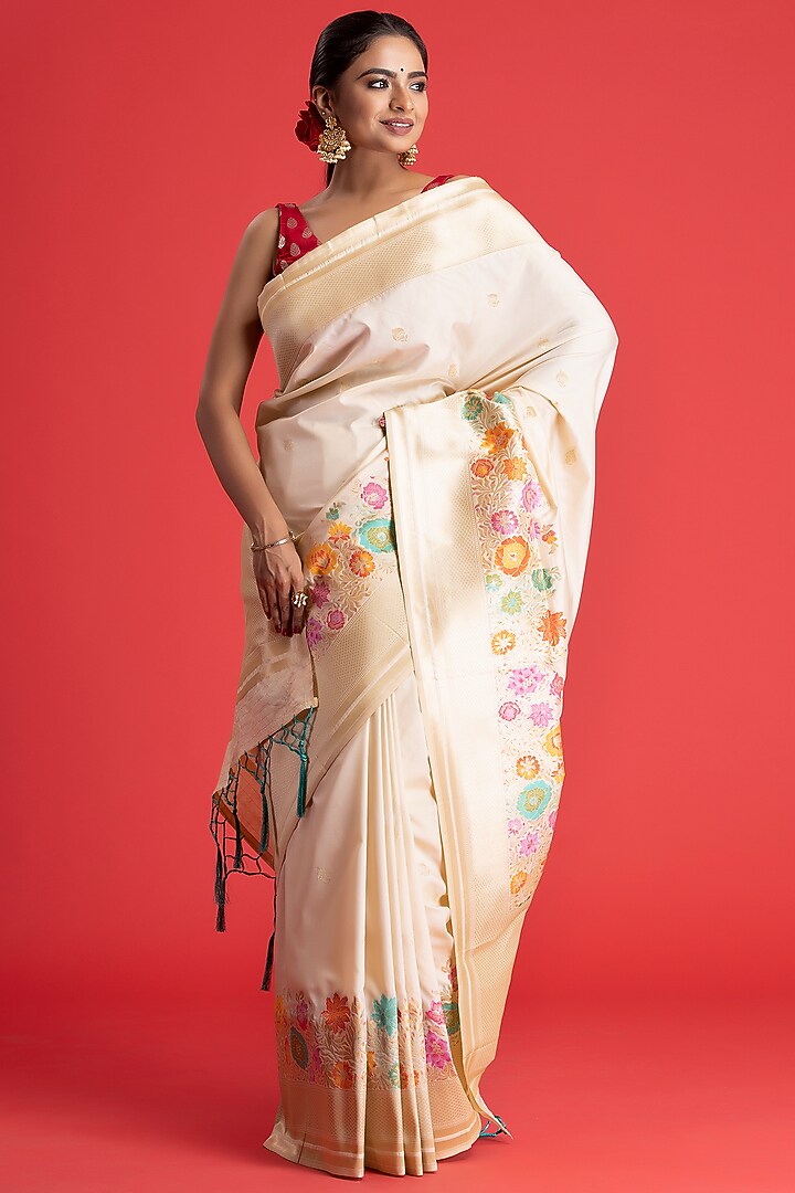 Cream Handloom Katan Silk Festive Saree by Albis Jaipur at Pernia's Pop Up Shop
