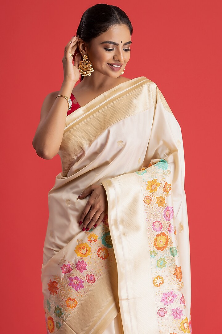 Cream Handloom Katan Silk Festive Saree by Albis Jaipur at Pernia's Pop Up Shop