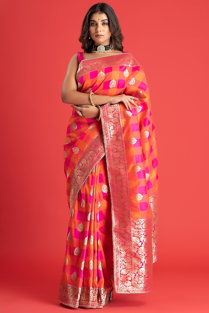 Orange & Rani Pink Banarasi Katan Silk Saree by Albis Jaipur