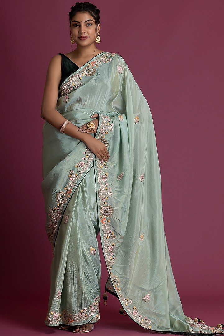 Dusty Sea Green Tissue Silk Embellished Saree by Albis Jaipur
