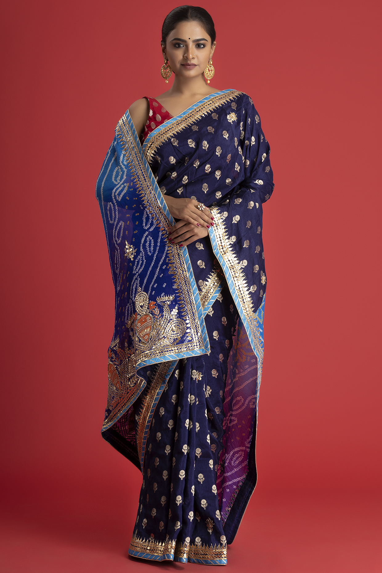 Blue Pure Munga Silk Bandhani Embellished Saree by Albis Jaipur