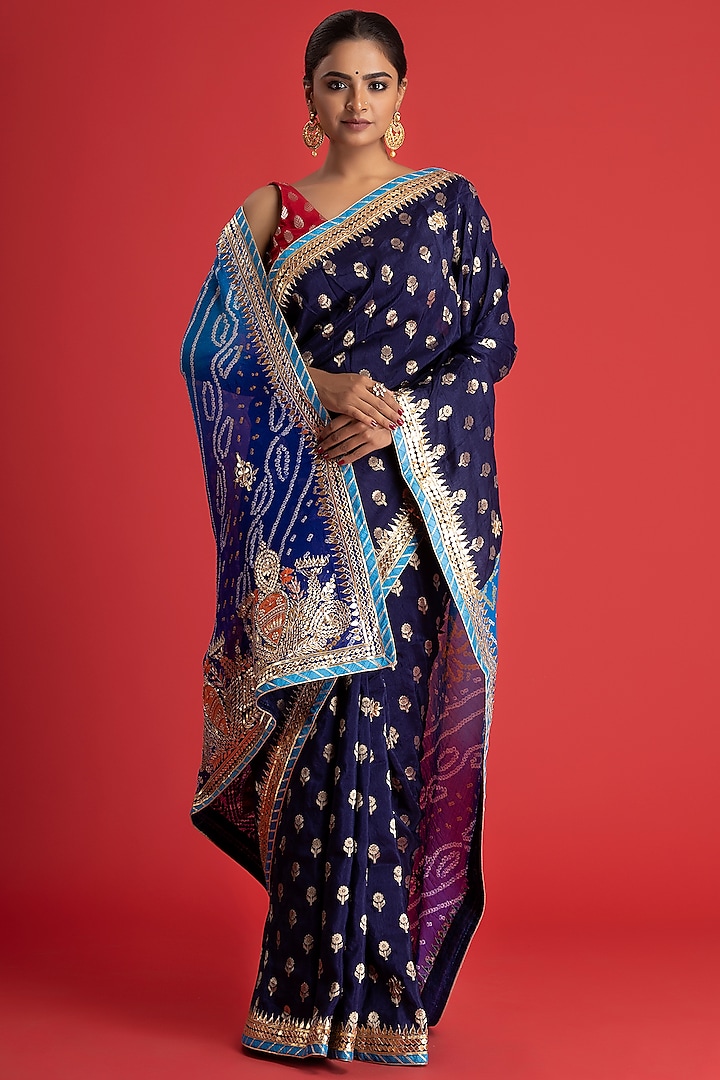 Blue Pure Munga Silk Bandhani Embellished Saree by Albis Jaipur