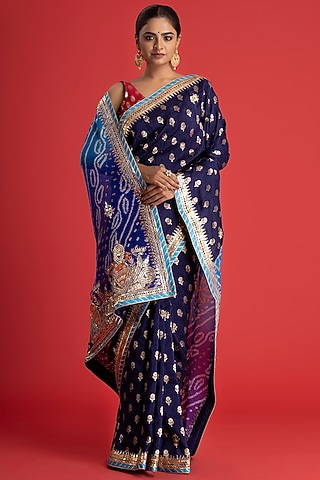 Blue Pure Munga Silk Bandhani Embellished Saree by Albis Jaipur
