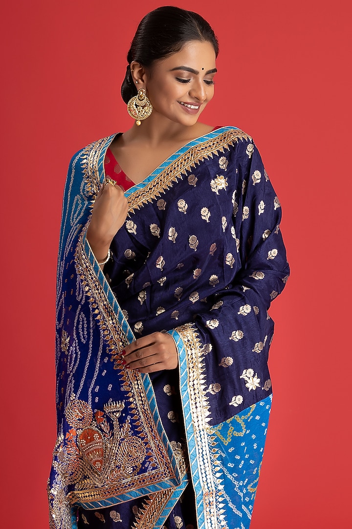 Blue Pure Munga Silk Bandhani Embellished Festive Saree by Albis Jaipur at Pernia's Pop Up Shop