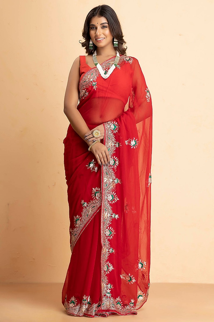 Crimson Red Chiffon Embroidered Festive Saree Set by Albis Jaipur at Pernia's Pop Up Shop