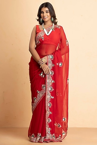 Crimson Red Chiffon Embroidered Saree Set by Albis Jaipur