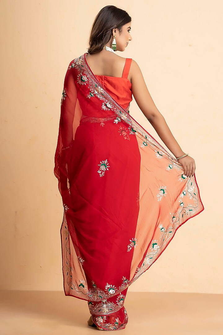 Crimson Red Chiffon Embroidered Festive Saree Set by Albis Jaipur at Pernia's Pop Up Shop