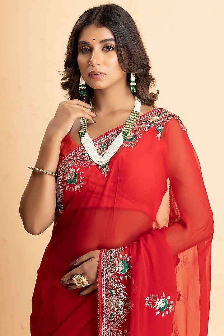 Crimson Red Chiffon Embroidered Festive Saree Set by Albis Jaipur at Pernia's Pop Up Shop
