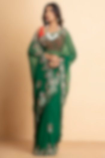 Bottle Green Chiffon Embroidered Festive Saree Set by Albis Jaipur at Pernia's Pop Up Shop