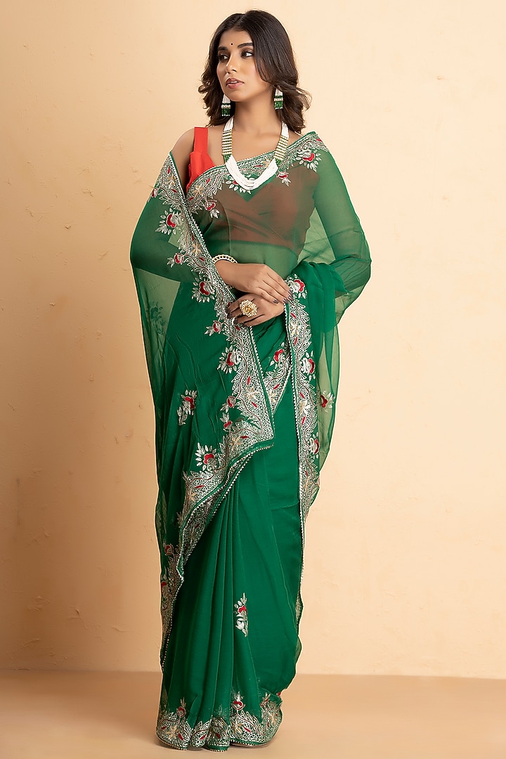 Bottle Green Chiffon Embroidered Festive Saree Set by Albis Jaipur at Pernia's Pop Up Shop