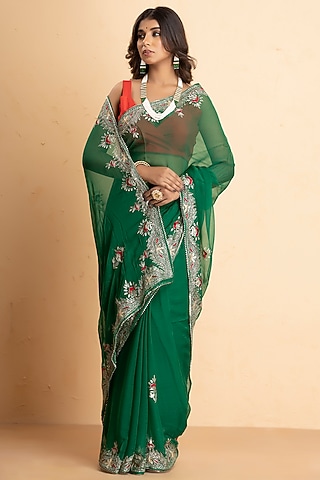 Bottle Green Chiffon Embroidered Saree Set by Albis Jaipur