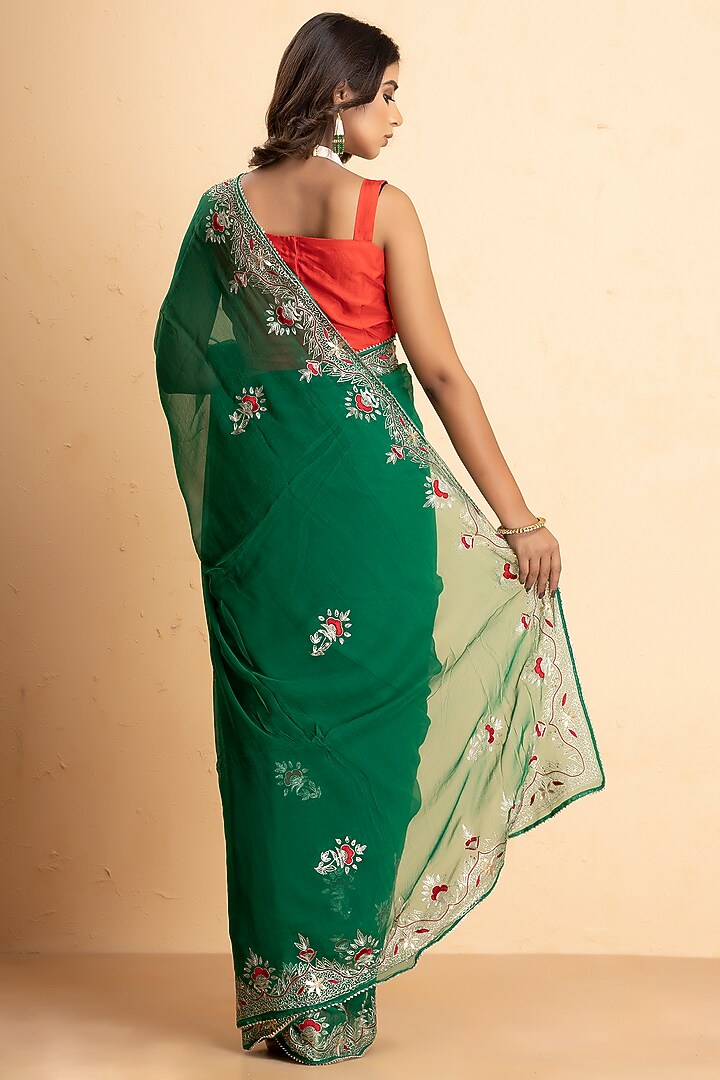 Bottle Green Chiffon Embroidered Festive Saree Set by Albis Jaipur at Pernia's Pop Up Shop