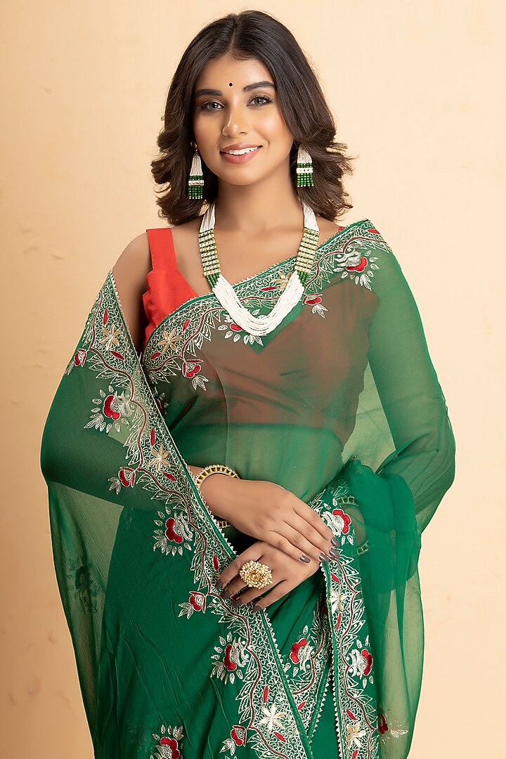 Bottle Green Chiffon Embroidered Festive Saree Set by Albis Jaipur at Pernia's Pop Up Shop