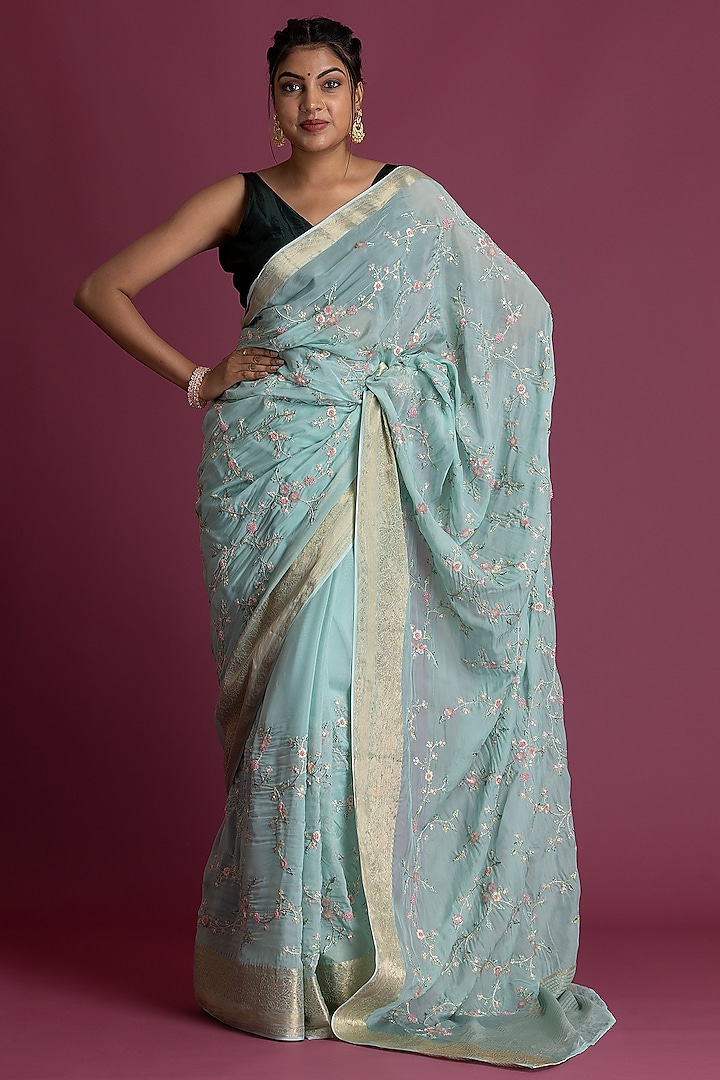 Light Aqua Blue Soft Organza Embroidered Saree Set by Albis Jaipur