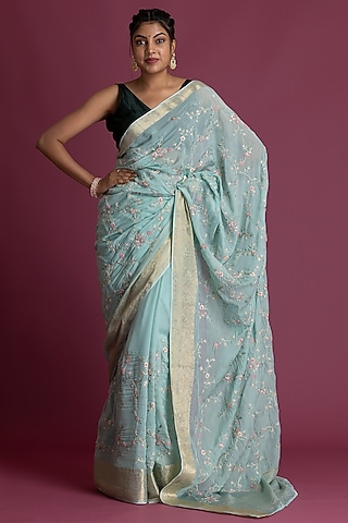 Light Aqua Blue Soft Organza Embroidered Saree Set by Albis Jaipur