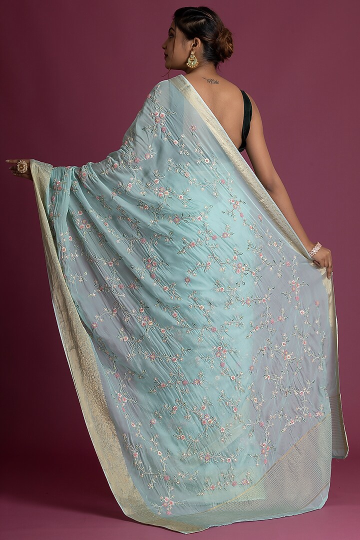 Light Aqua Blue Soft Organza Embroidered Festive Saree Set by Albis Jaipur at Pernia's Pop Up Shop