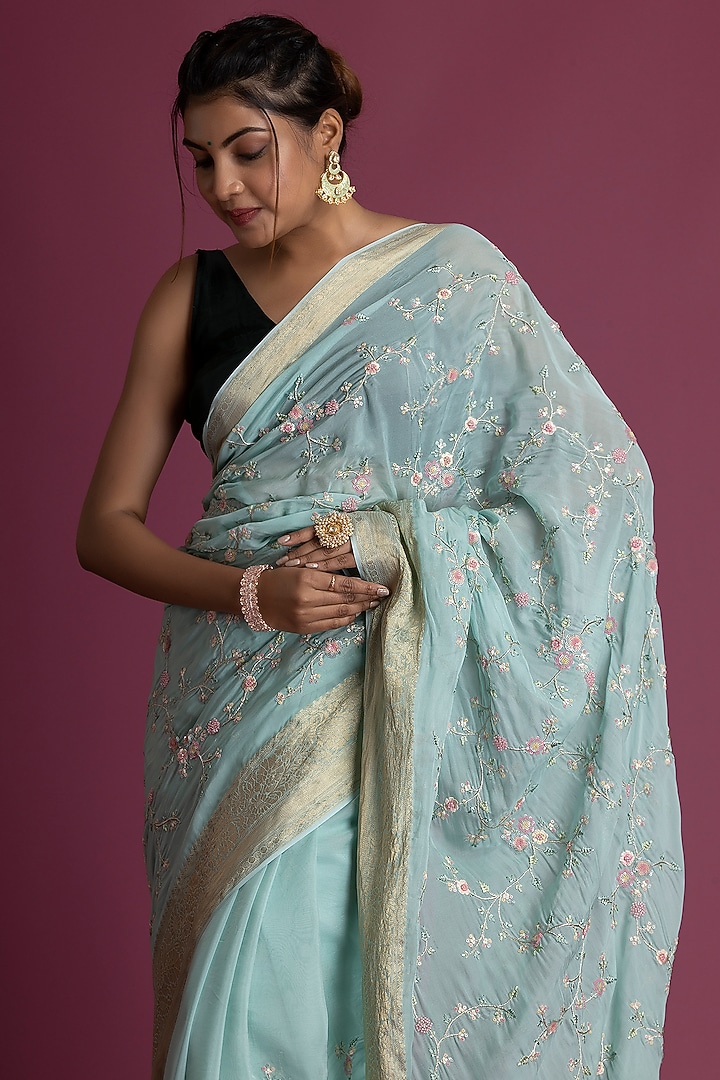 Light Aqua Blue Soft Organza Embroidered Festive Saree Set by Albis Jaipur at Pernia's Pop Up Shop