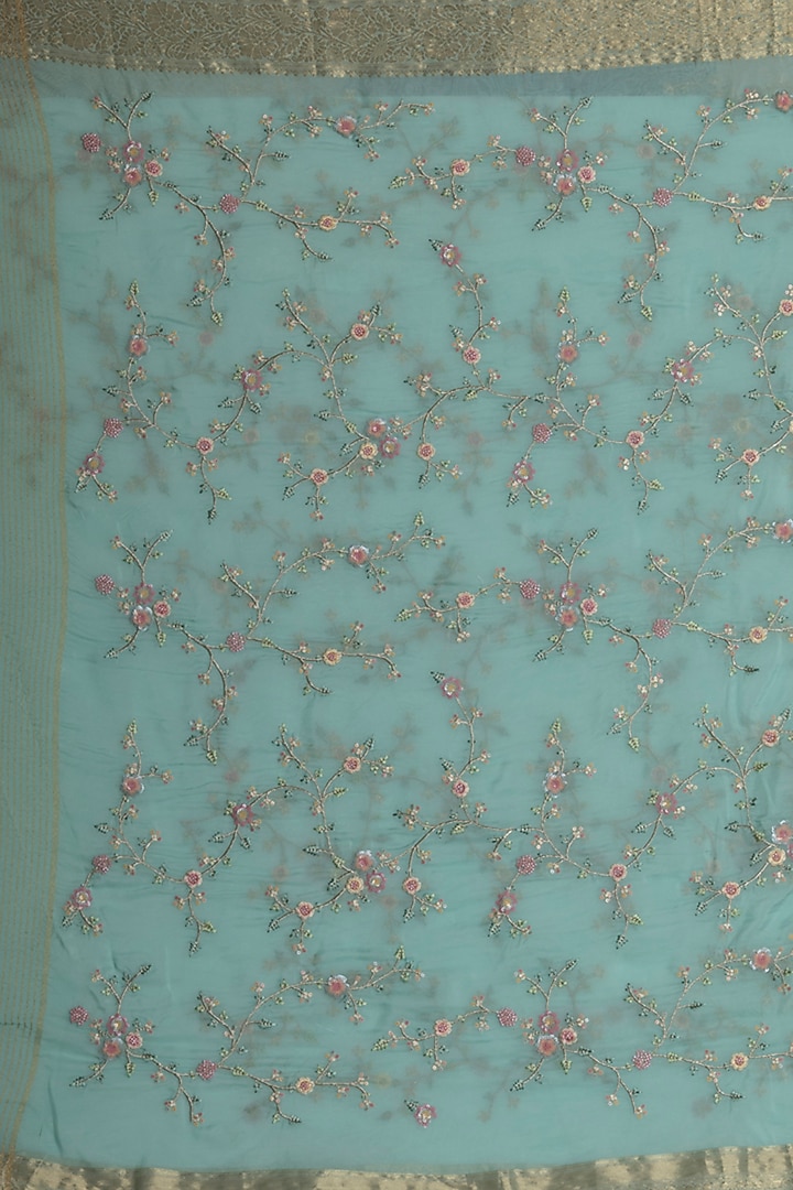Light Aqua Blue Soft Organza Embroidered Festive Saree Set by Albis Jaipur at Pernia's Pop Up Shop
