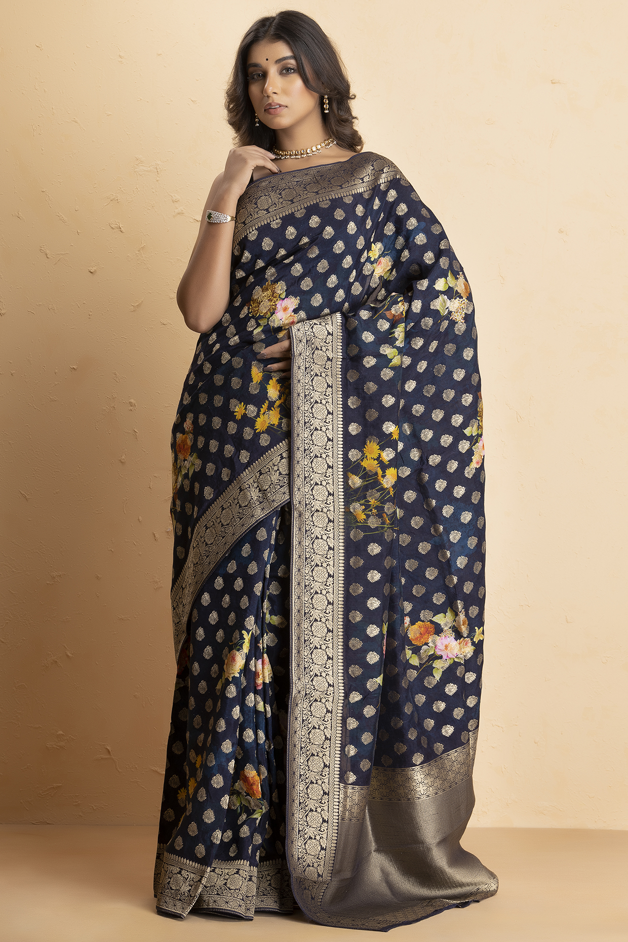 Blue Munga Silk Banarasi Printed Festive Saree Set by Albis Jaipur at Pernia's Pop Up Shop