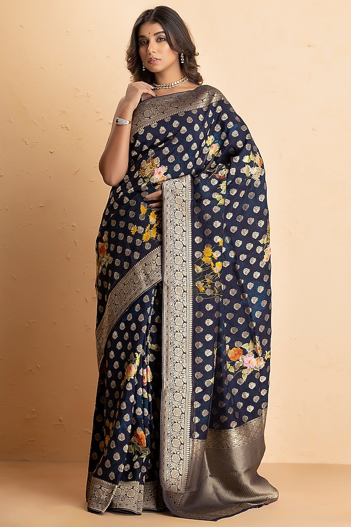Blue Munga Silk Banarasi Printed Saree Set by Albis Jaipur