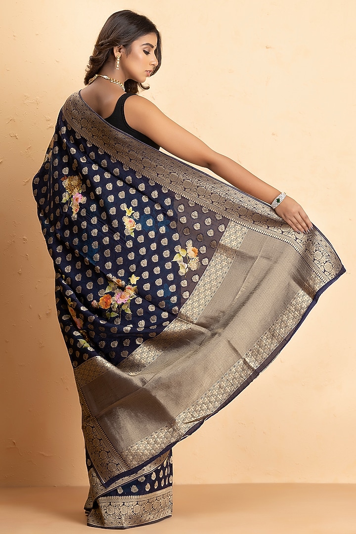 Blue Munga Silk Banarasi Printed Festive Saree Set by Albis Jaipur at Pernia's Pop Up Shop