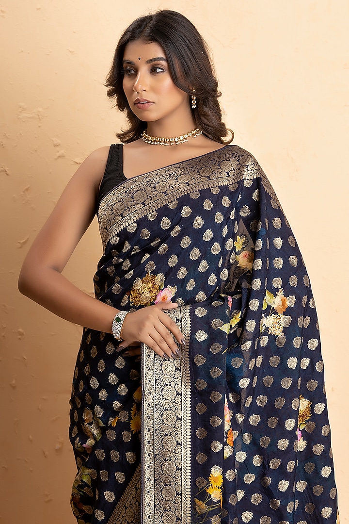 Blue Munga Silk Banarasi Printed Festive Saree Set by Albis Jaipur at Pernia's Pop Up Shop
