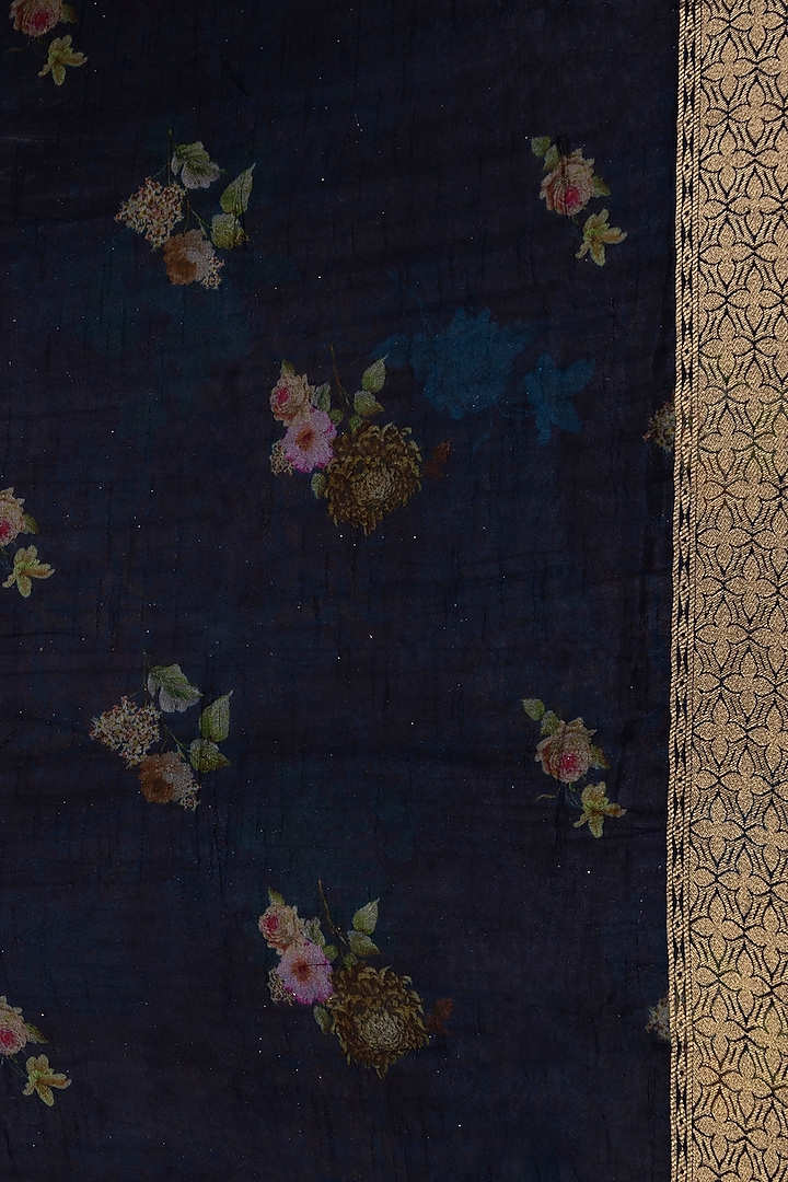 Blue Munga Silk Banarasi Printed Festive Saree Set by Albis Jaipur at Pernia's Pop Up Shop