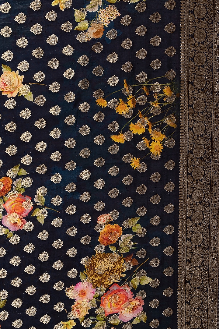 Blue Munga Silk Banarasi Printed Festive Saree Set by Albis Jaipur at Pernia's Pop Up Shop