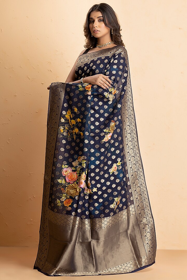 Blue Munga Silk Banarasi Printed Festive Saree Set by Albis Jaipur at Pernia's Pop Up Shop