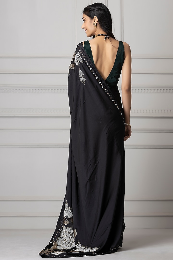 Black Satin Floral Festive Saree Set by Albis Jaipur at Pernia's Pop Up Shop