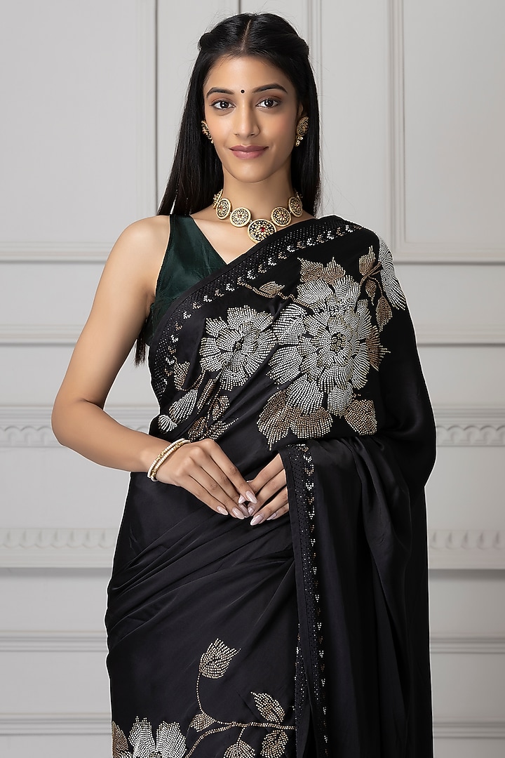 Black Satin Floral Festive Saree Set by Albis Jaipur at Pernia's Pop Up Shop